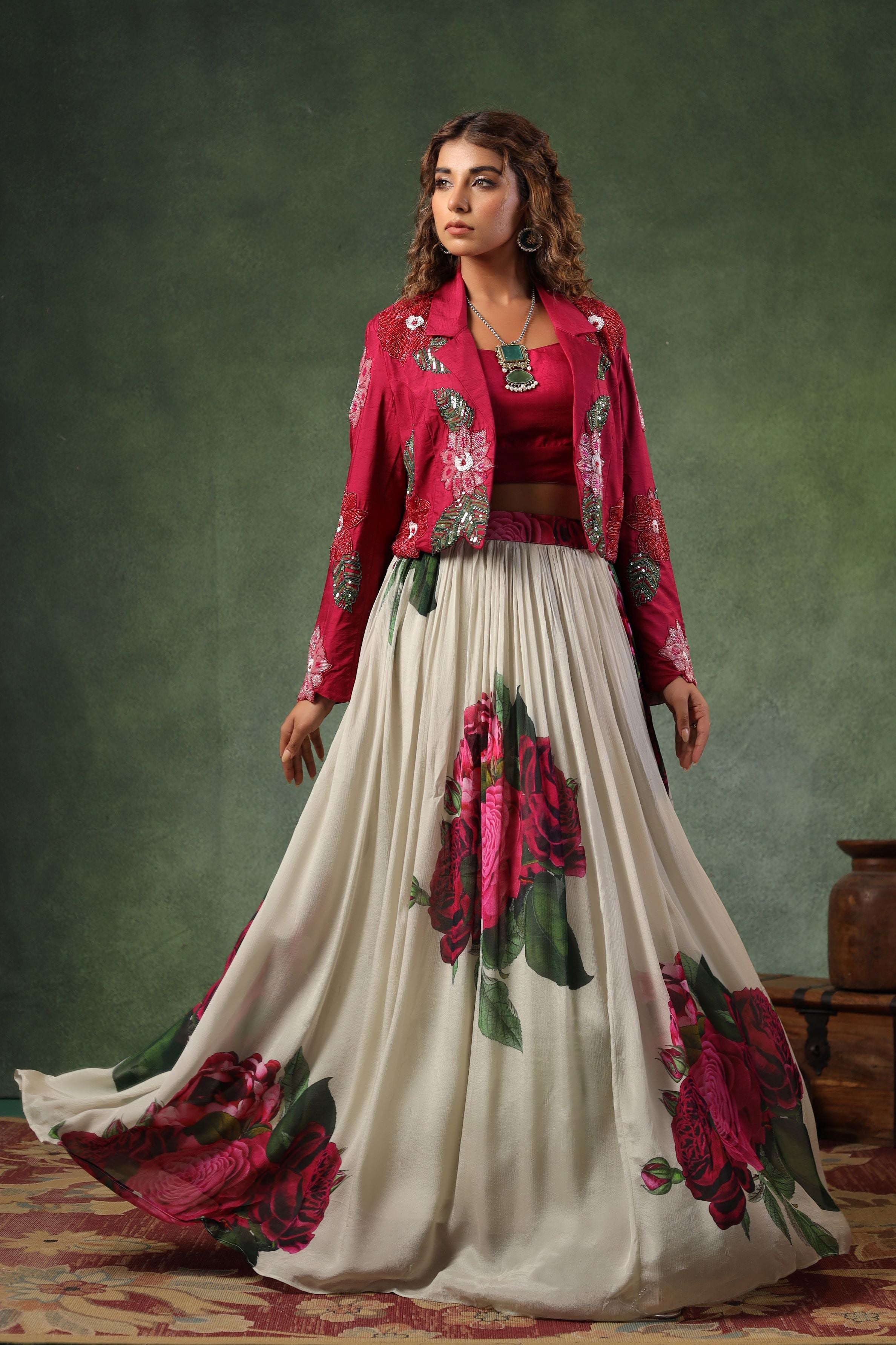 Grey Floral Printed Premium Silk Skirt Set
