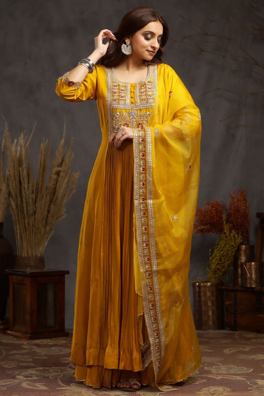 Mustard Modal Silk Long Enkle Length Stylish Dress And Dupatta With Embroidery