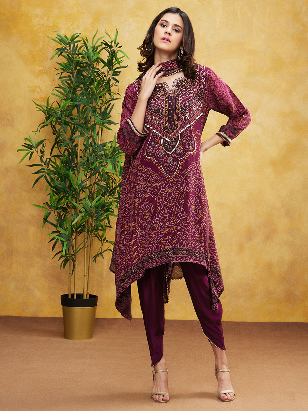 Wine Bandhej Printed Spanish Silk Dhoti Set