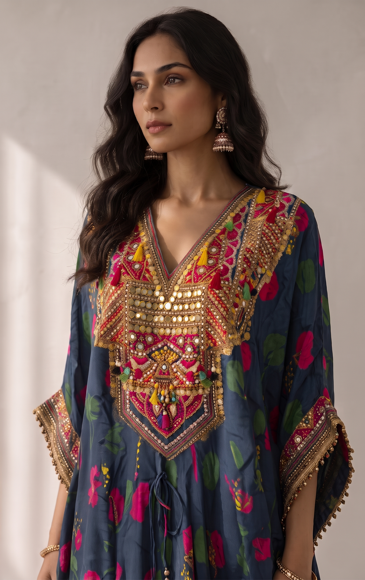 Charcoal Blue Embellished Crepe Silk Kaftan Maxi Dress