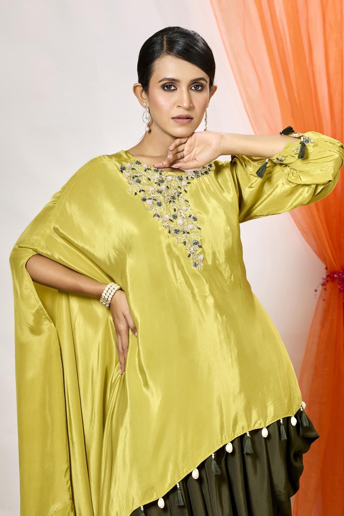 Corn Yellow Embellished Satin Silk Tunic & Dhoti Set