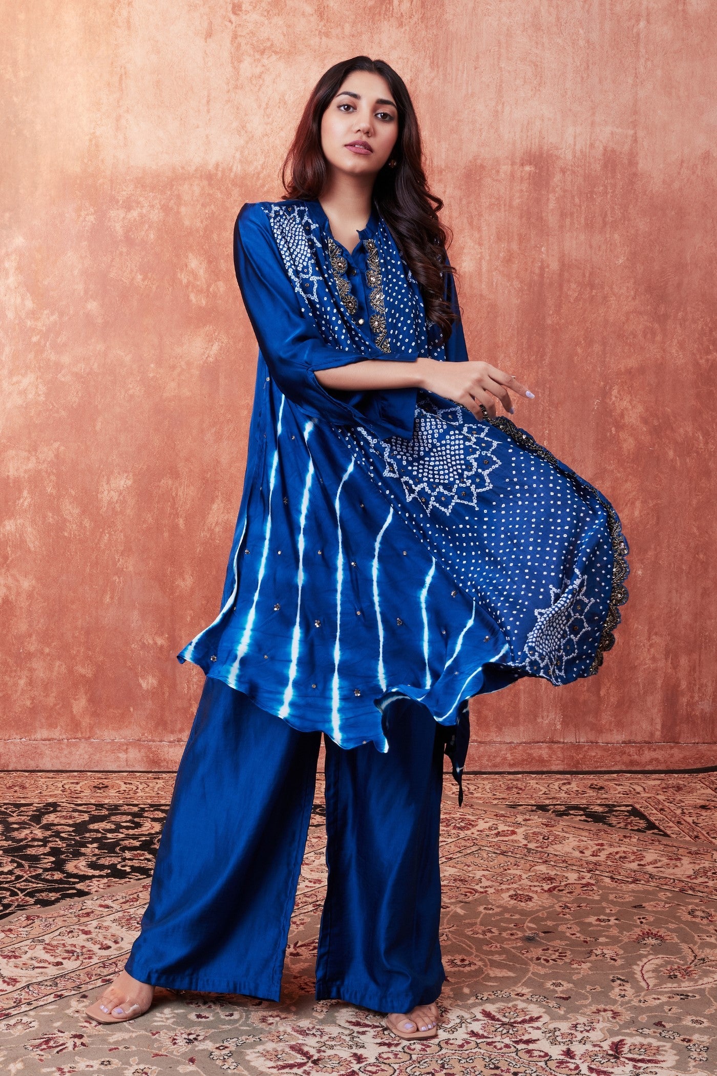 Blue Bandhej Printed Embellished Cape-Set