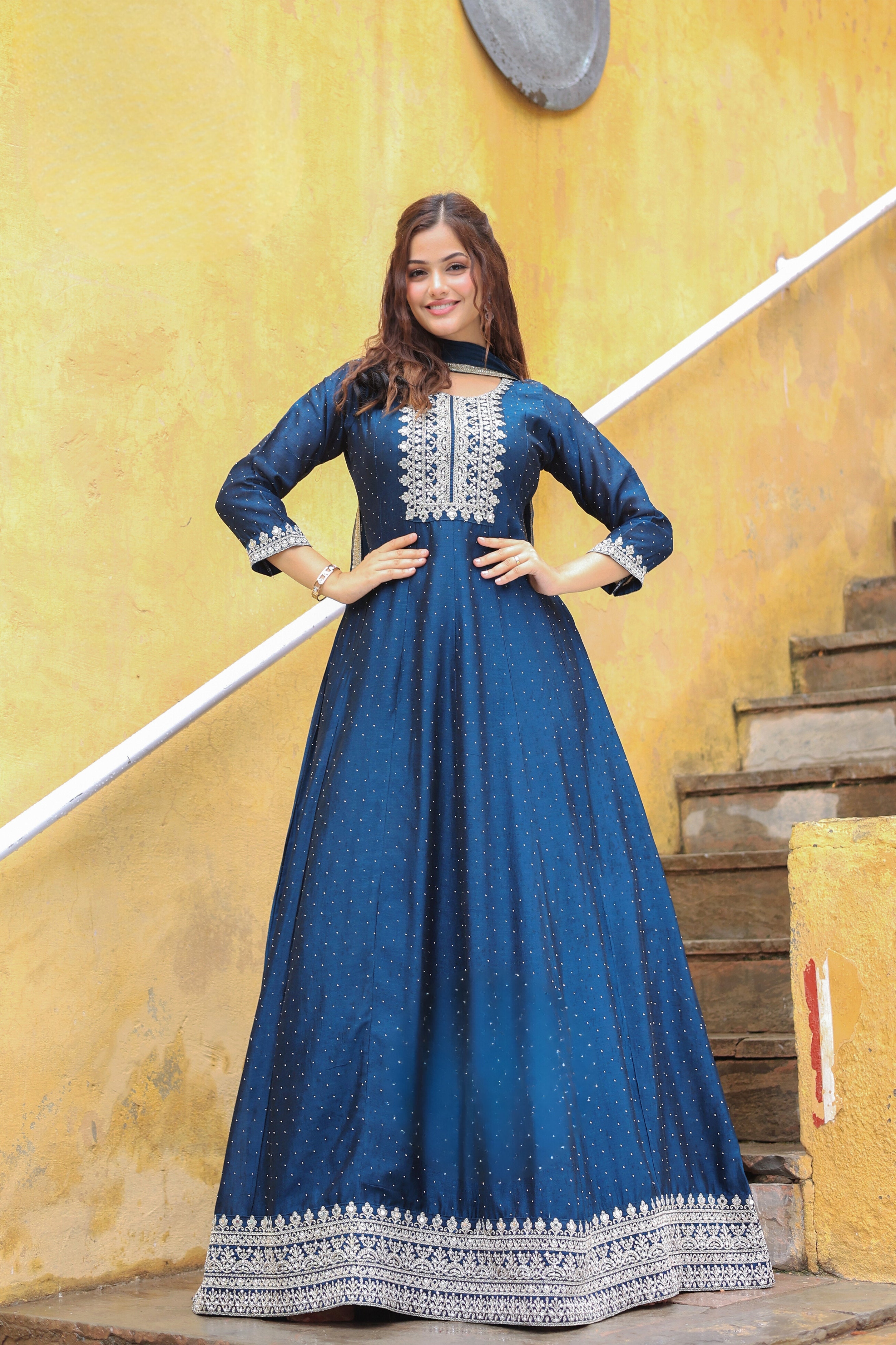 Peacock Blue Embellished Premium Silk Anarkali Set