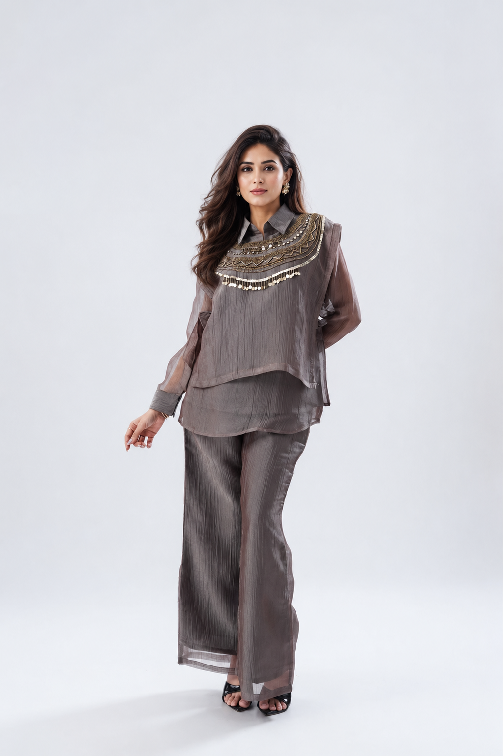 Grey Elegance Embellished Tissue Silk Co-Ord Set