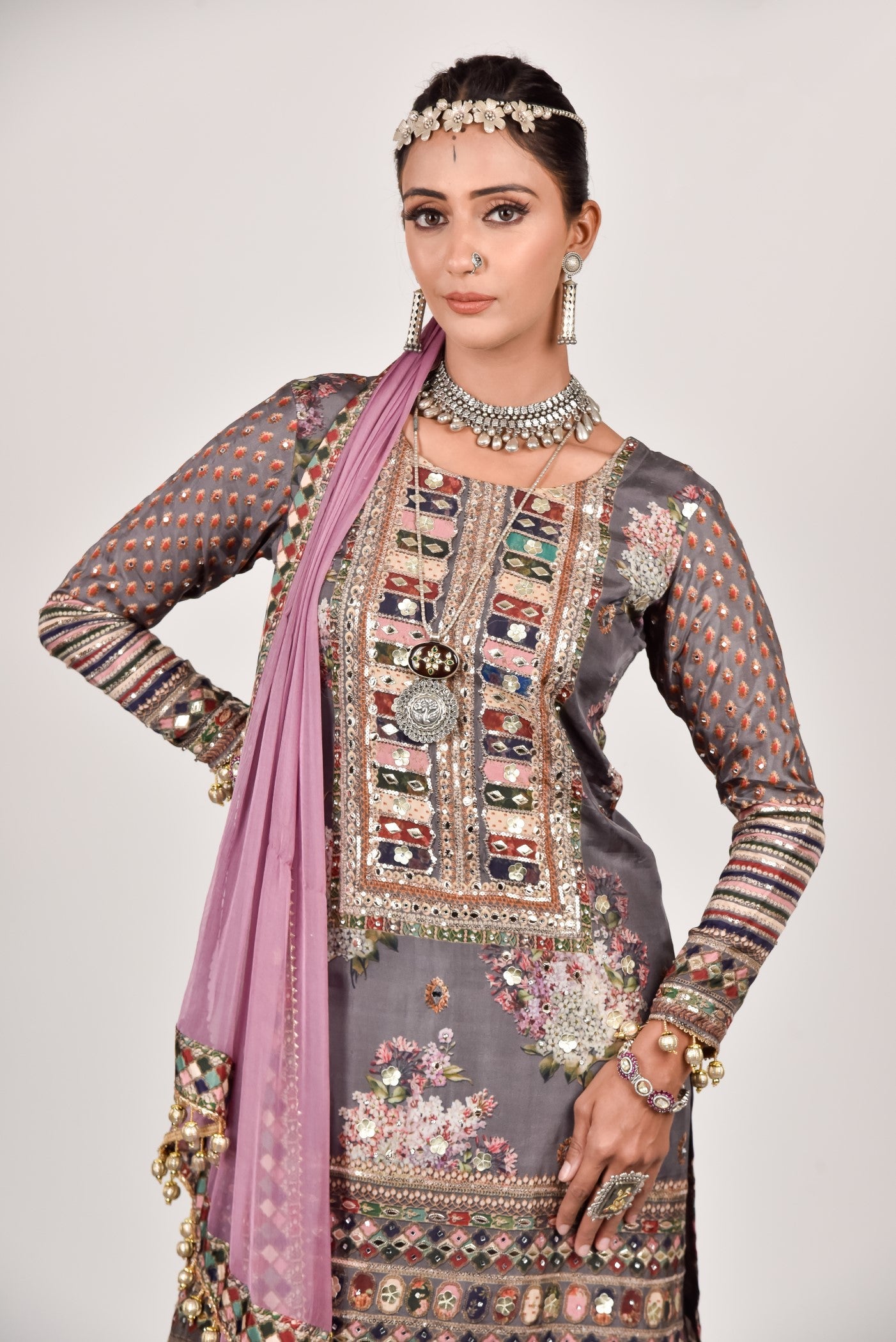 Dusky Grey Embellished Sharara Set