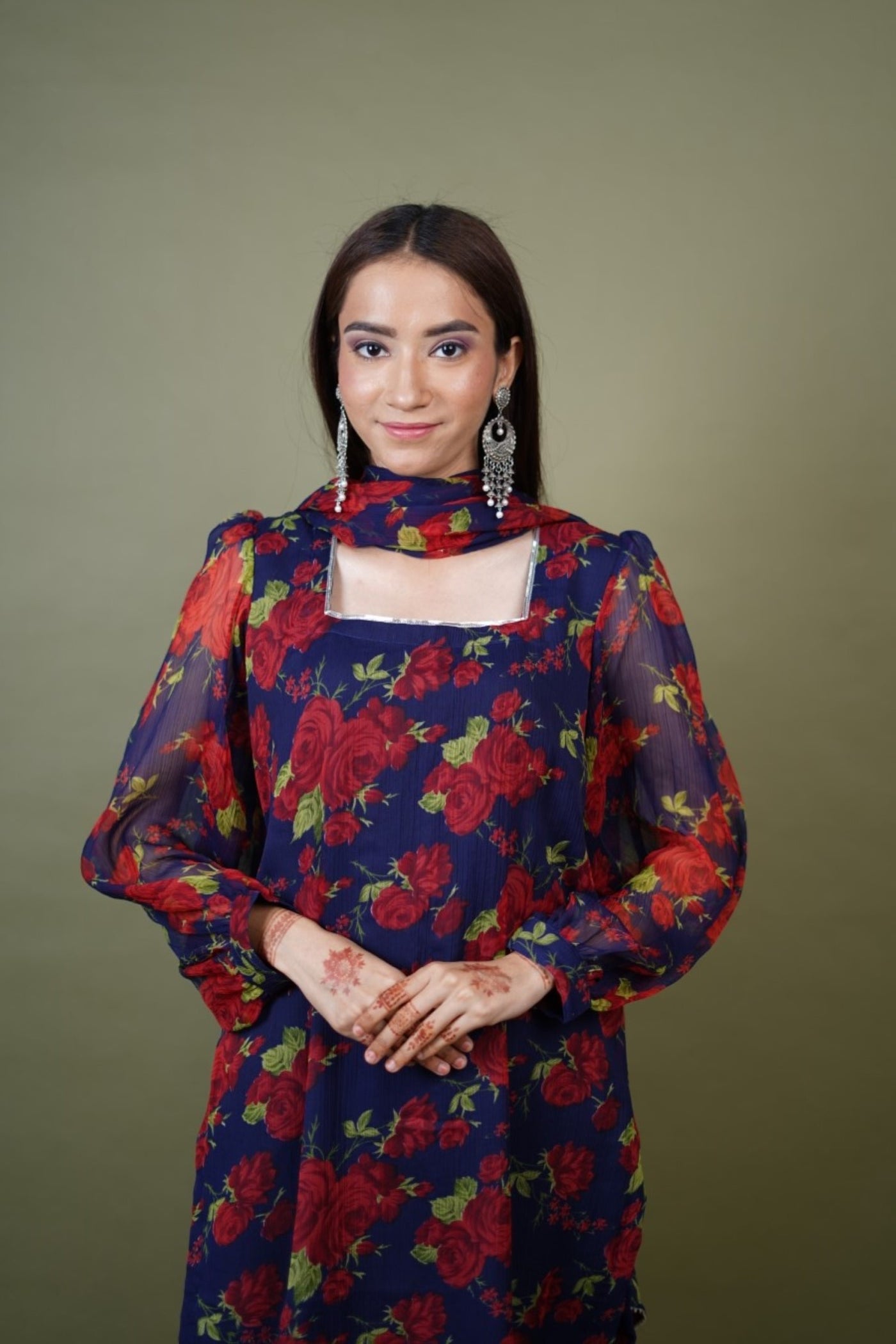 Navy Blue Floral Crushed Chiffon Silk Kurta Set