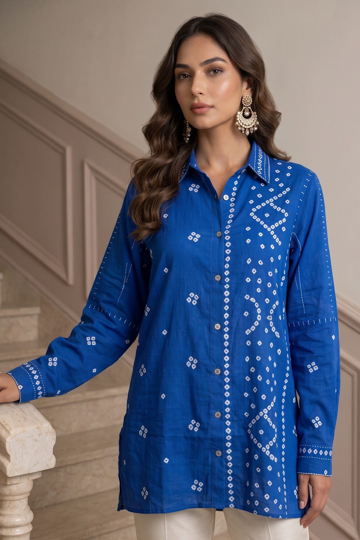 Royal Blue Embellished Mul Cotton Shirt