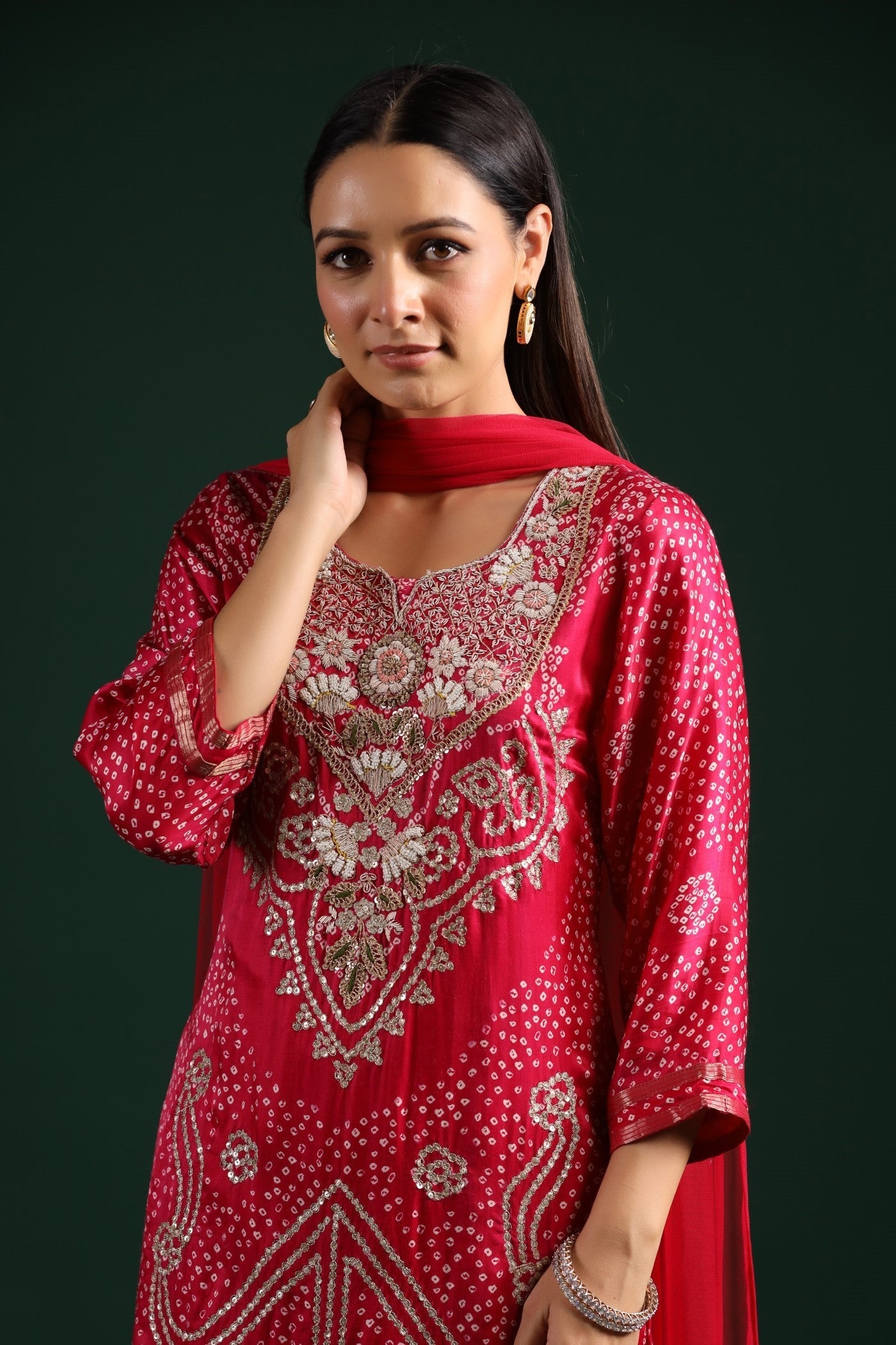 Festive Pink Bandhani Embroidered Kurta Set