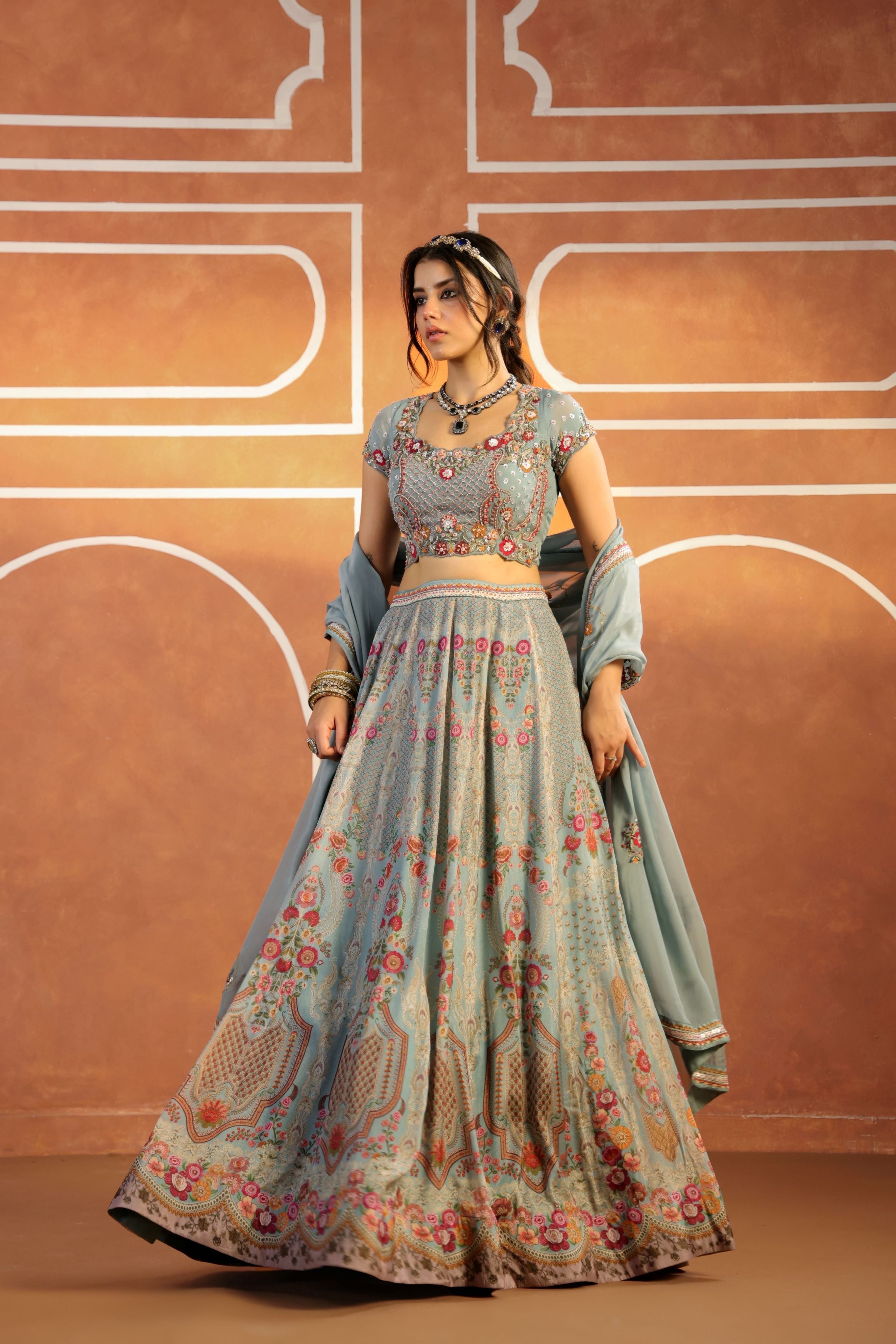 Pastel Blue Embellished Organdi Lehenga Set