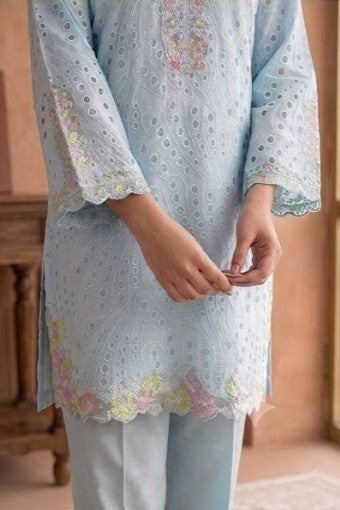 Powder Blue Schiffli Embroidered Cotton Kurta Set
