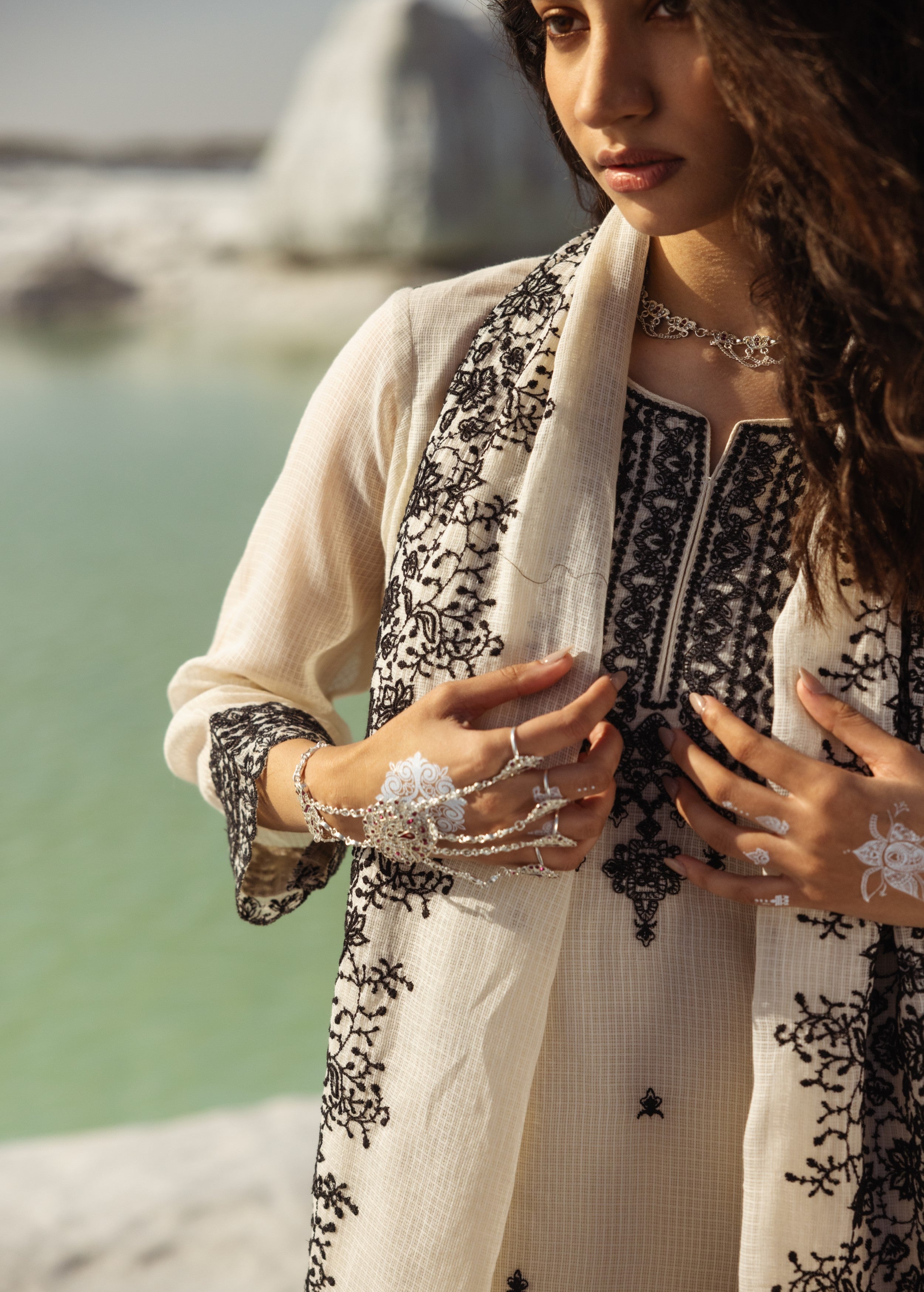 Off-White Embroidered Kota Doria Pant Set