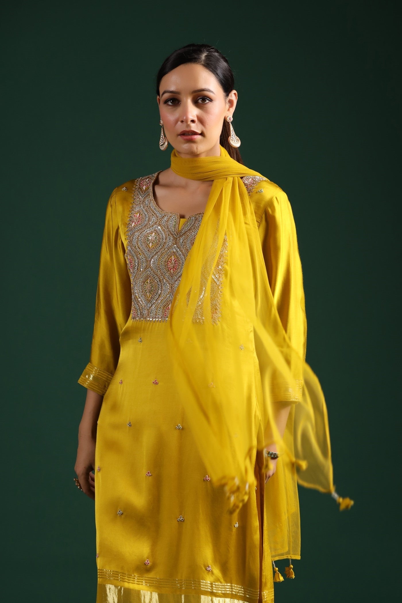 Yellow Zari Embroidered Gajji Silk Kurta Set