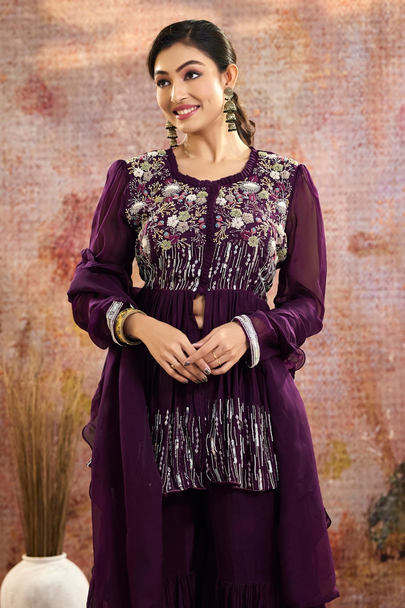 Purple Embellished Pure Crepe Silk Sharara Set