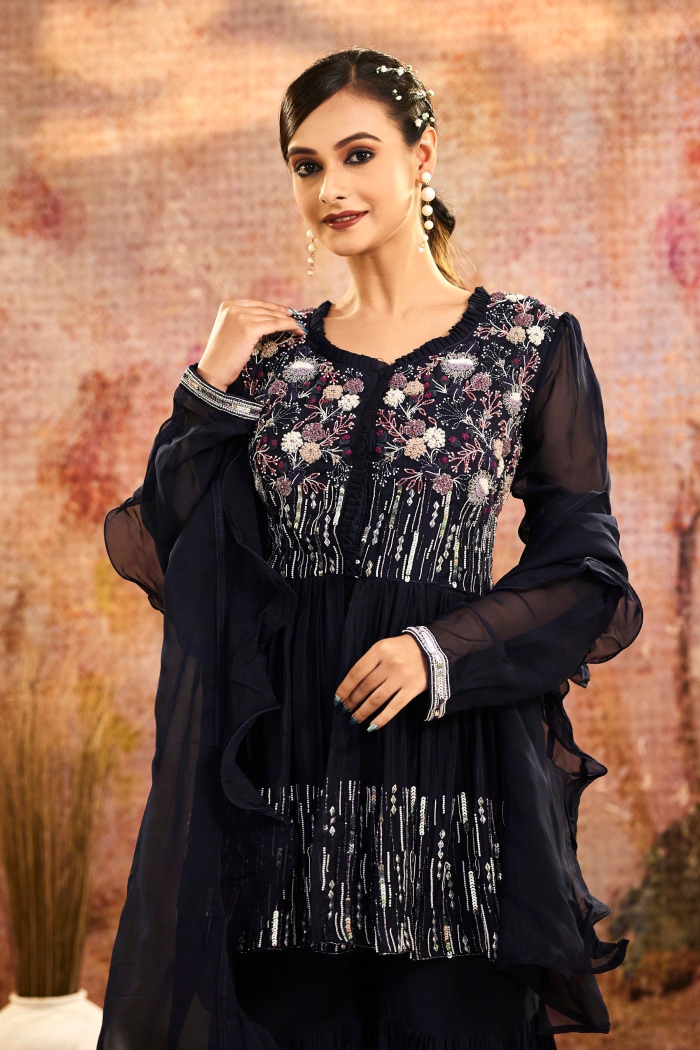 Navy Blue Embellished Pure Crepe Silk Sharara Set