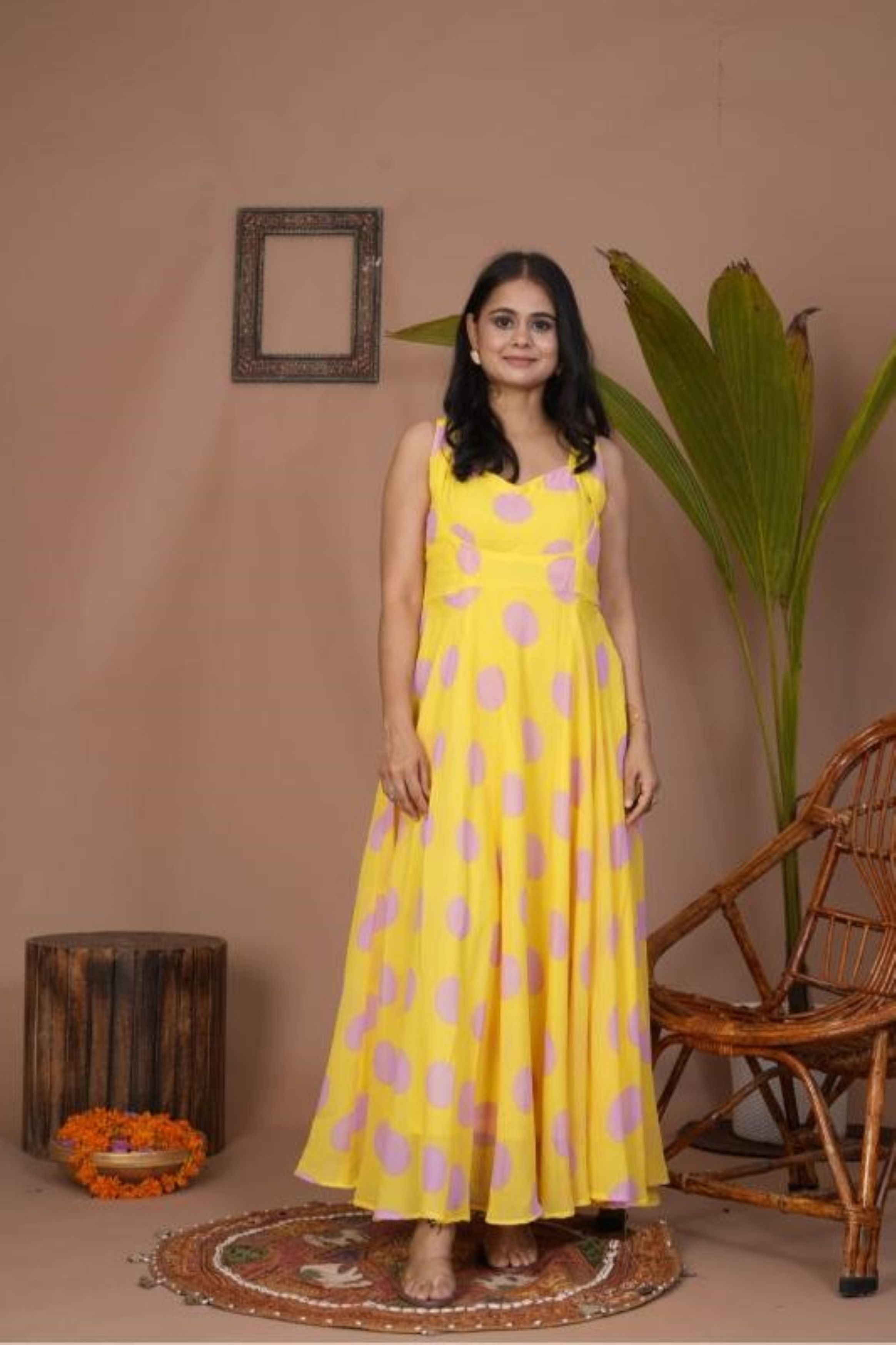 Yellow Polka Dot Print Georgette Silk Maxi Dress