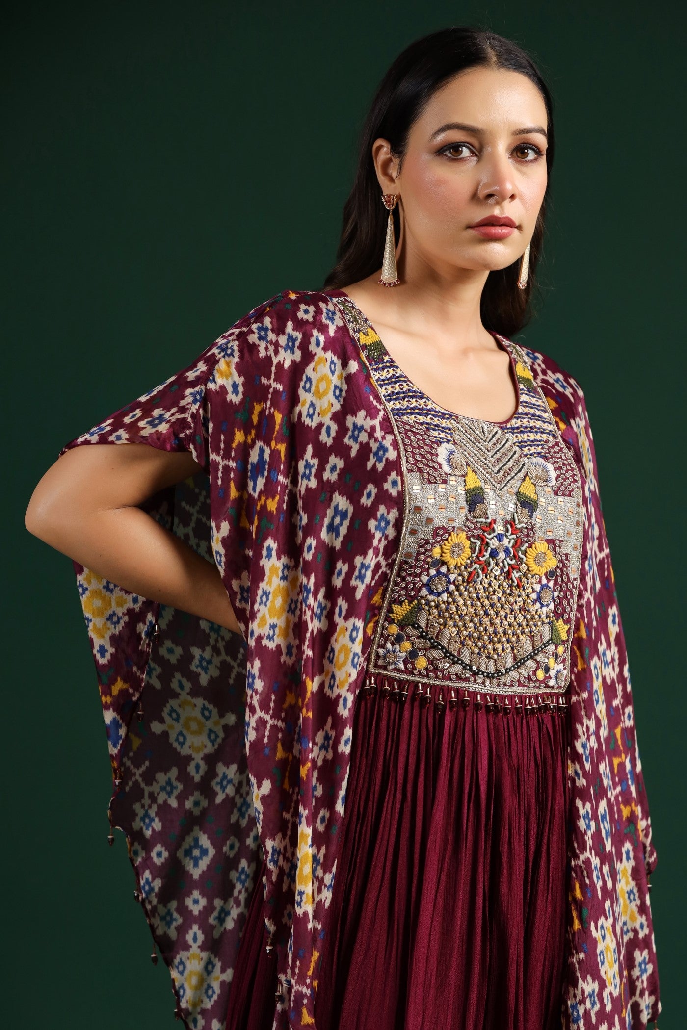 Wine Chinnon Silk Kaftan Style Gown