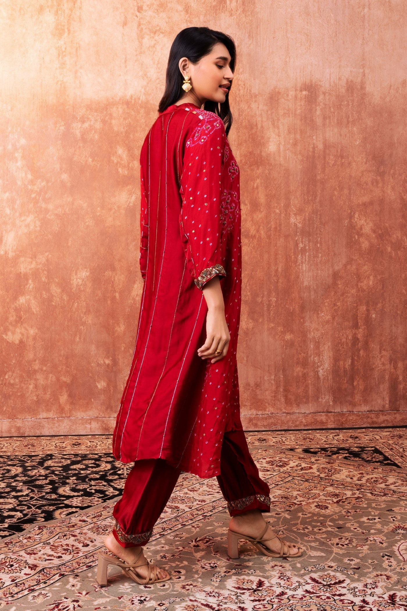 Red Bandhej Printed Embellished Kurta Set