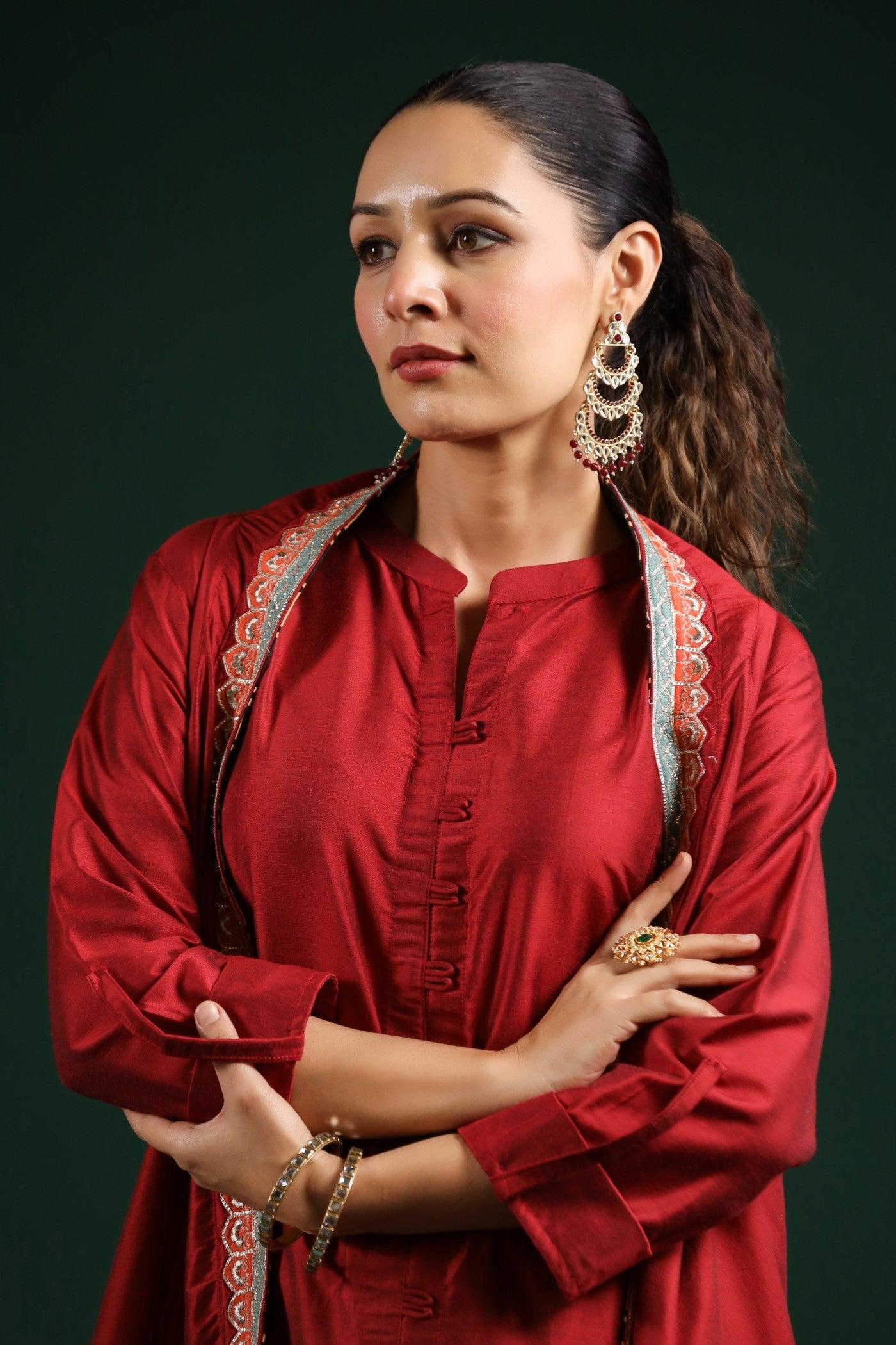 Maroon Ethnical Embroidered Dola Silk Cape Set