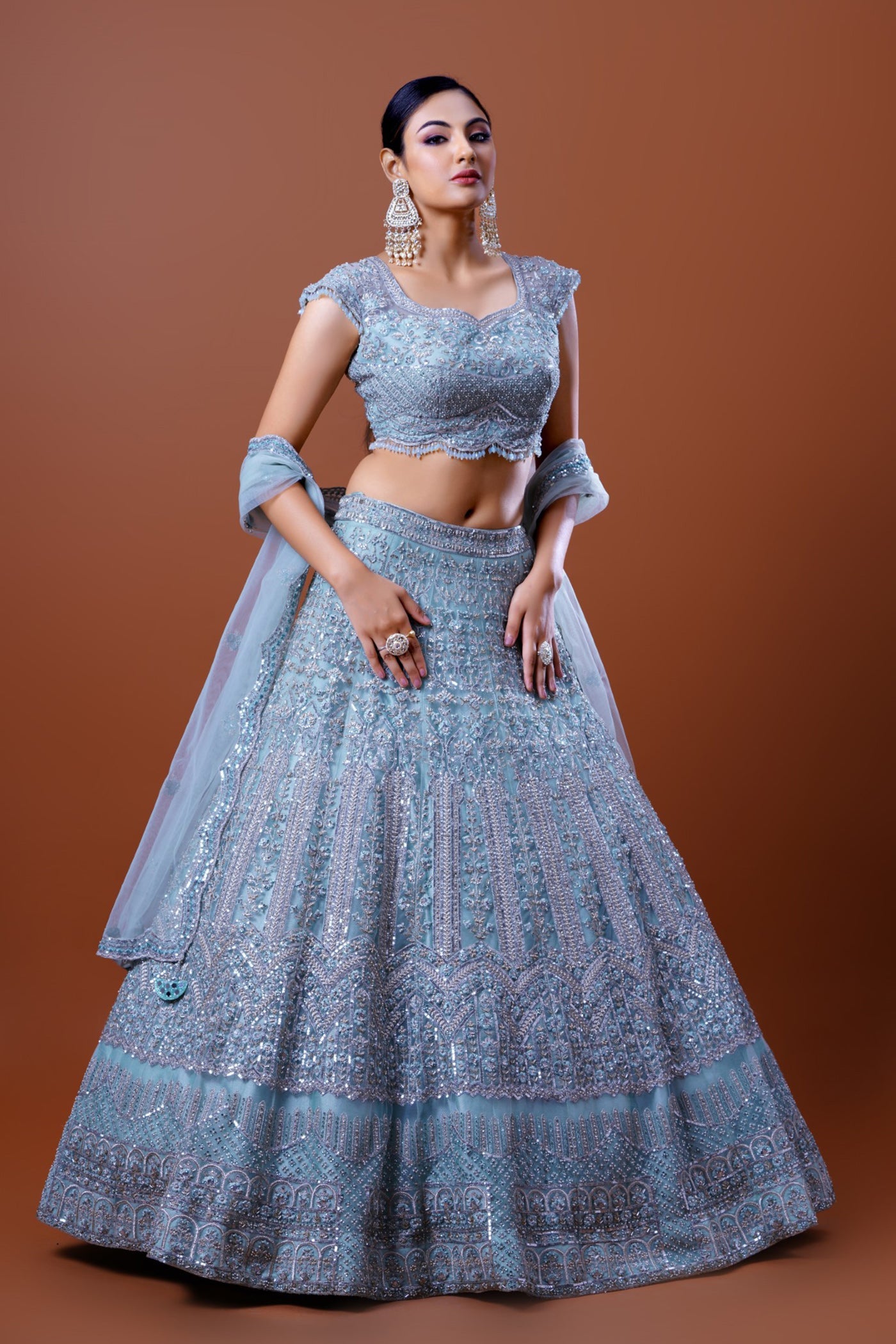 Pastel Blue Heavy Embroidered Lehenga Set