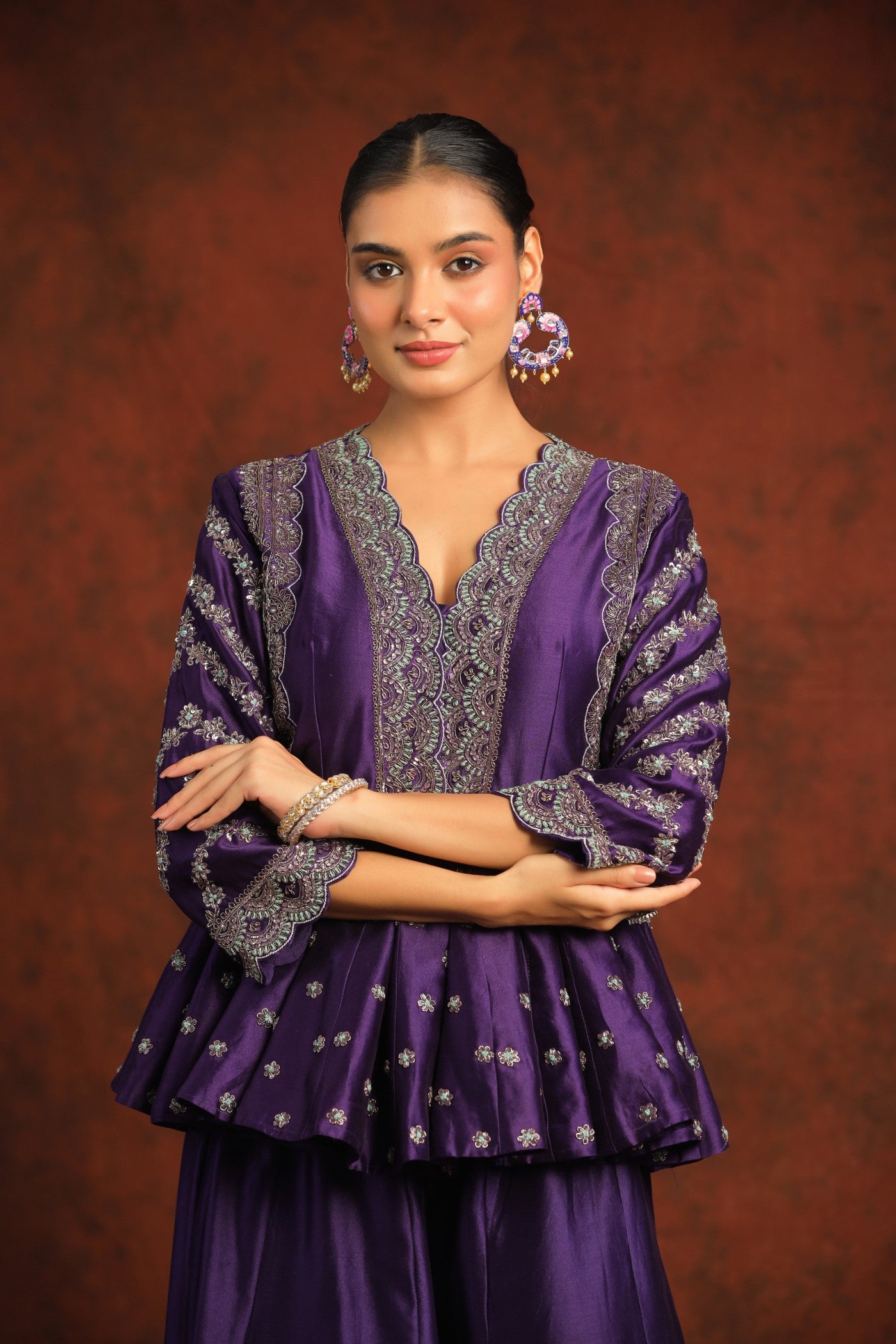 Deep Purple Embroidered Mulberry Silk Peplum with Palazzo