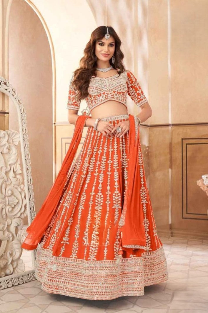 Orange Embellished Georgette Silk Lehenga Set