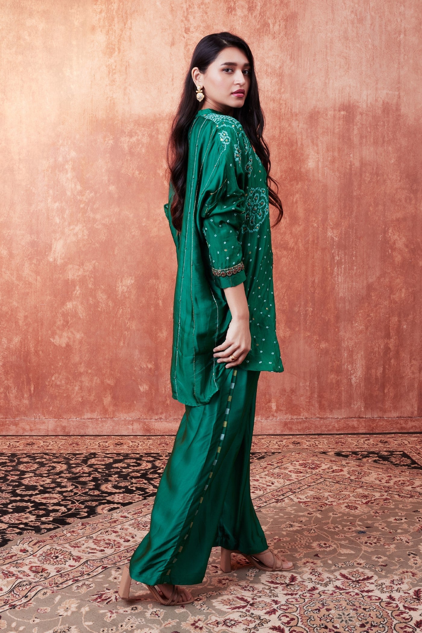 Emerald Green Bandhej Printed Embellished Palazzo Set