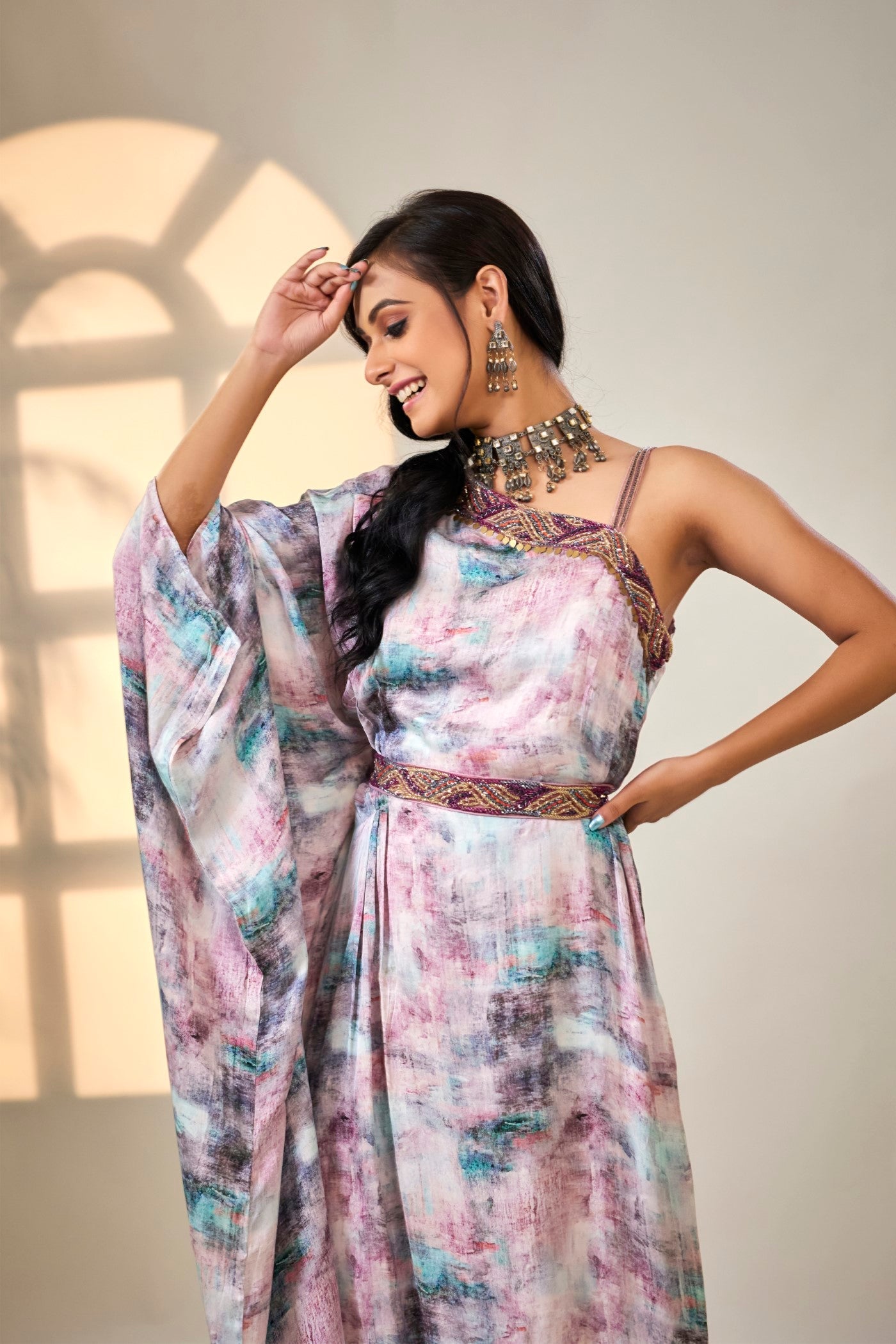 Purple Digital Printed Italian Silk Gown