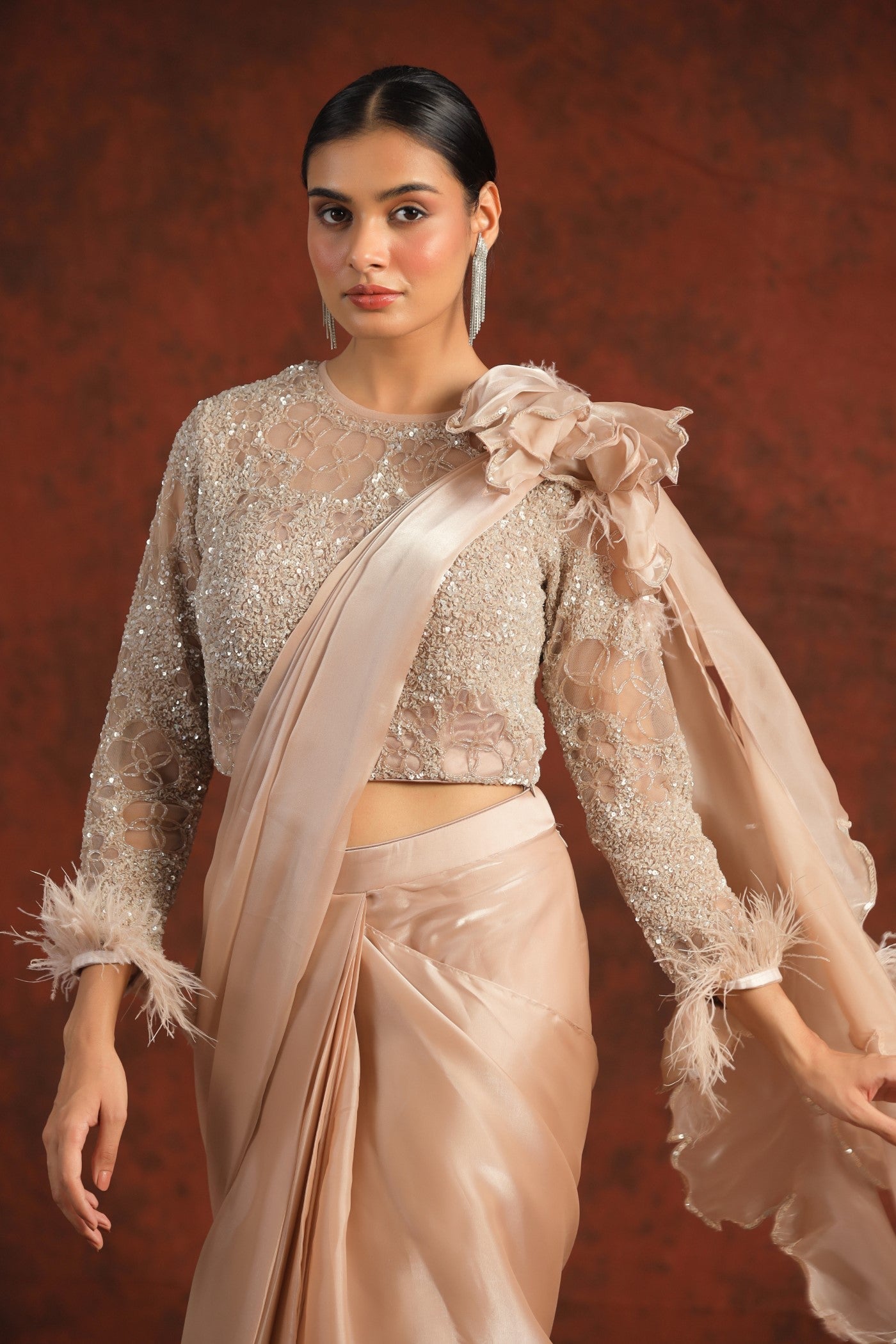 Pastel Peach Sequin Embellished Draped Saree