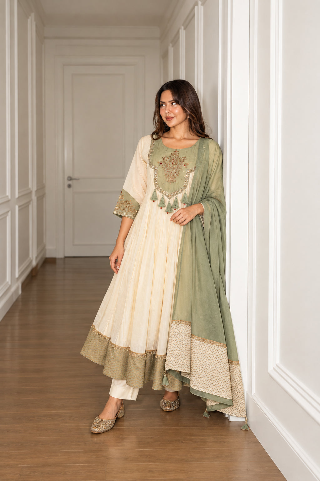 Off-White Embellished Mul Chanderi Silk Anarkali Set