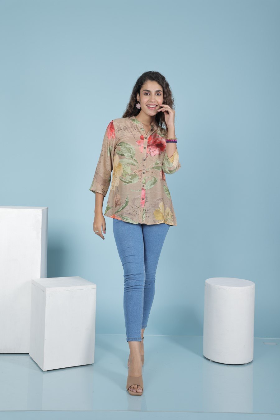 Brown Floral Printed Mosche Silk Top