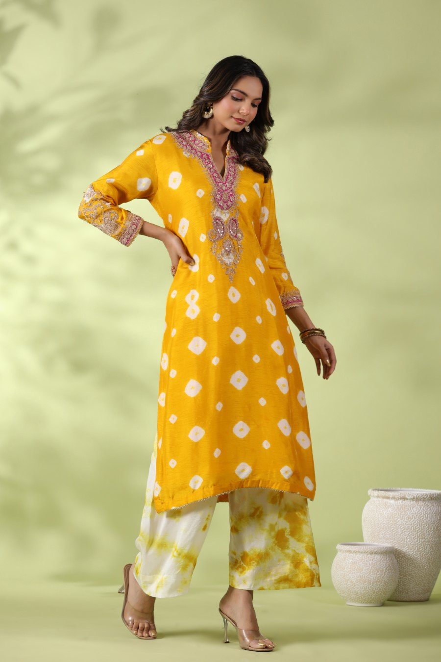 Yellow Bandhej & Zari Embroidered Kurta with Palazzo