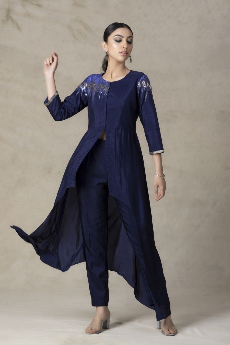 Asymmetrical Violet German Silk Kurta Pant Set