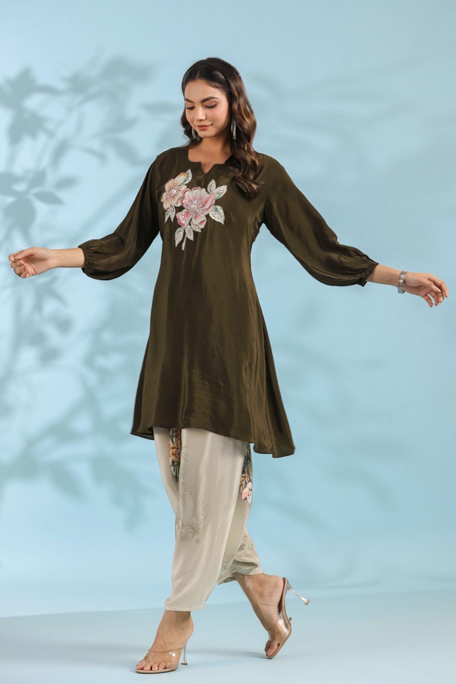 Deep Green Floral Crepe Silk Kurta with Dhoti Pants