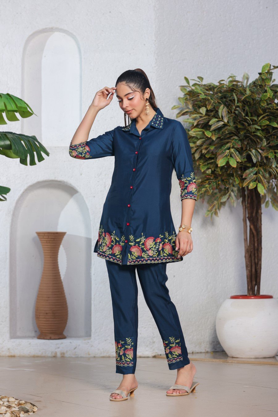 Navy Blue Floral Embroidered Italian Silk Co-ord Set