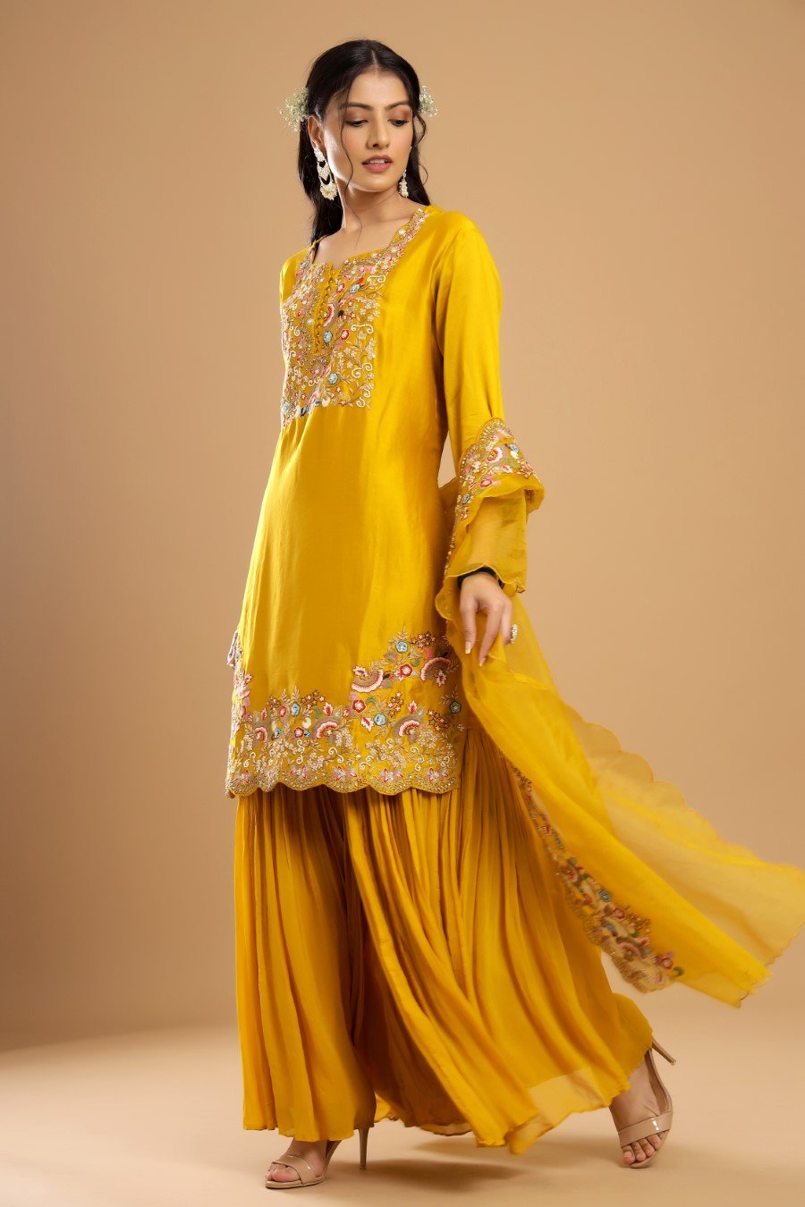 Mustard Modal Chanderi Embroidered Sharara Set