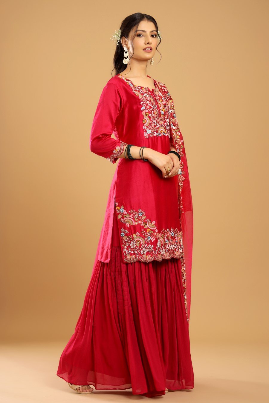 Rani Pink Modal Chanderi Embroidered Sharara Set