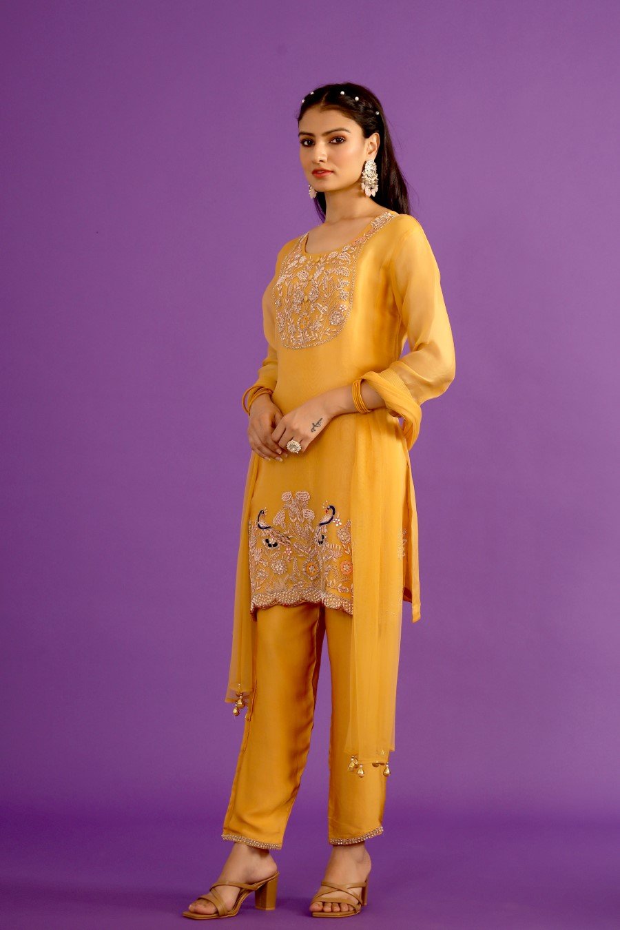 Fresh Yellow Organza Silk Embroidered Kurta Set