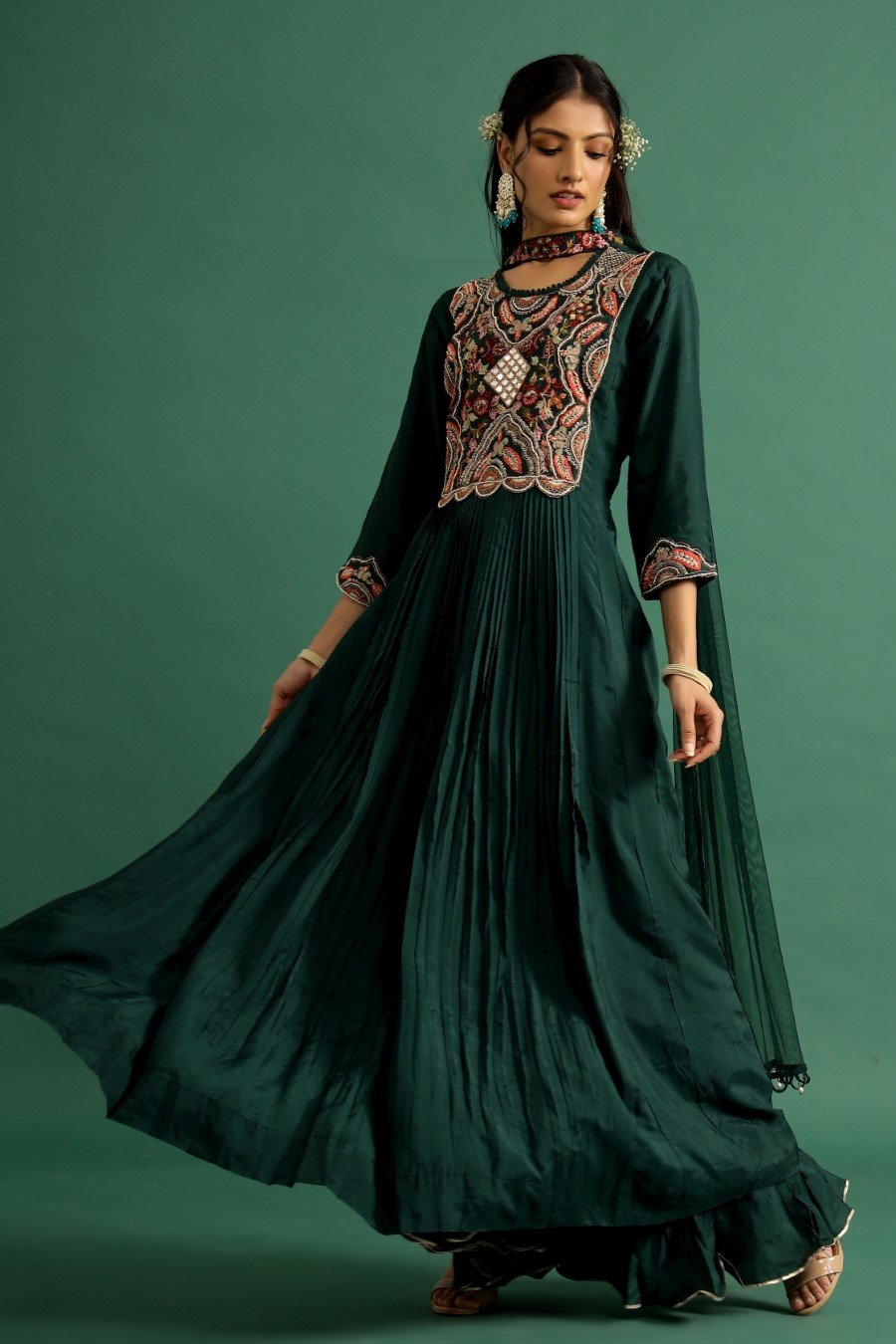 Emerald Green Kashmiri Silk Embroidered Anarkali with Dupatta