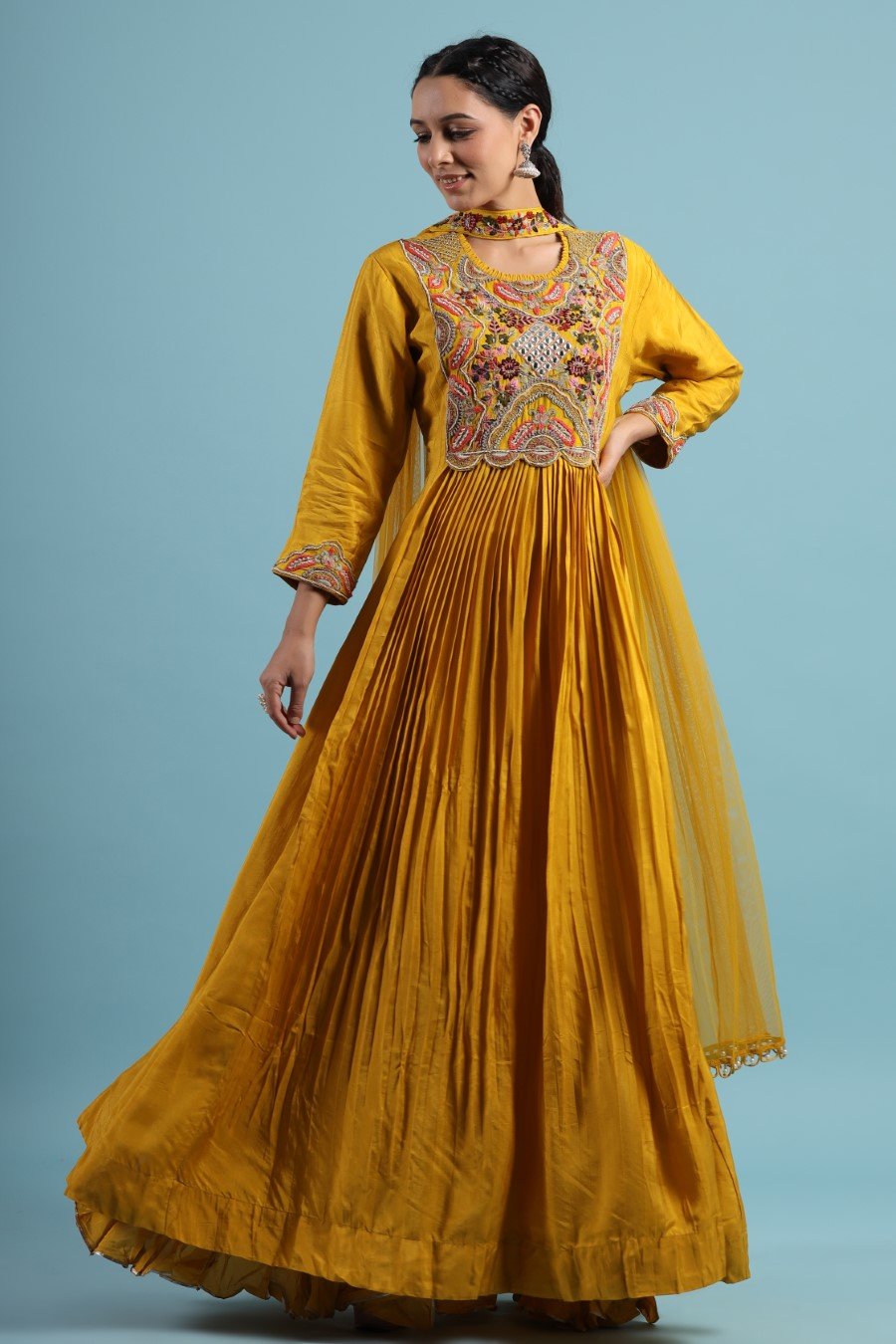 Mustard Kashmiri Silk Embroidered Anarkali with Dupatta