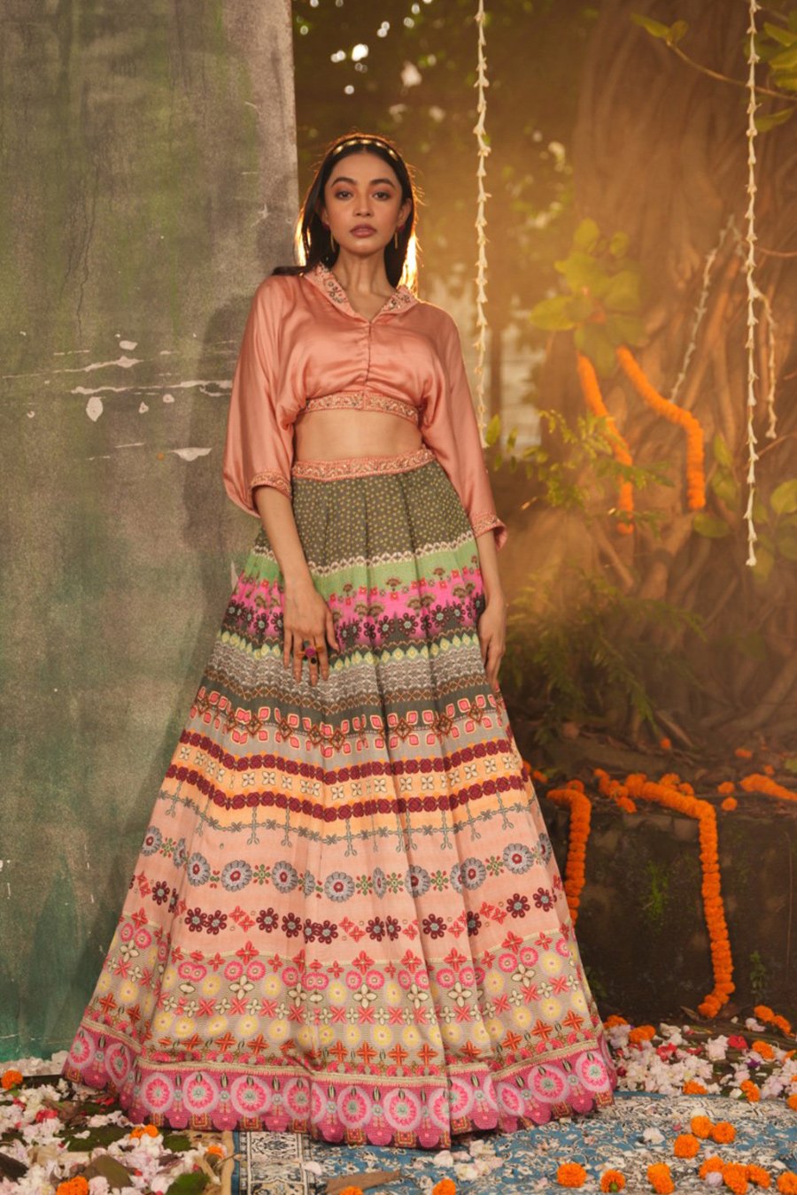 Peach Ethnic Printed Raw Silk Skirt Top