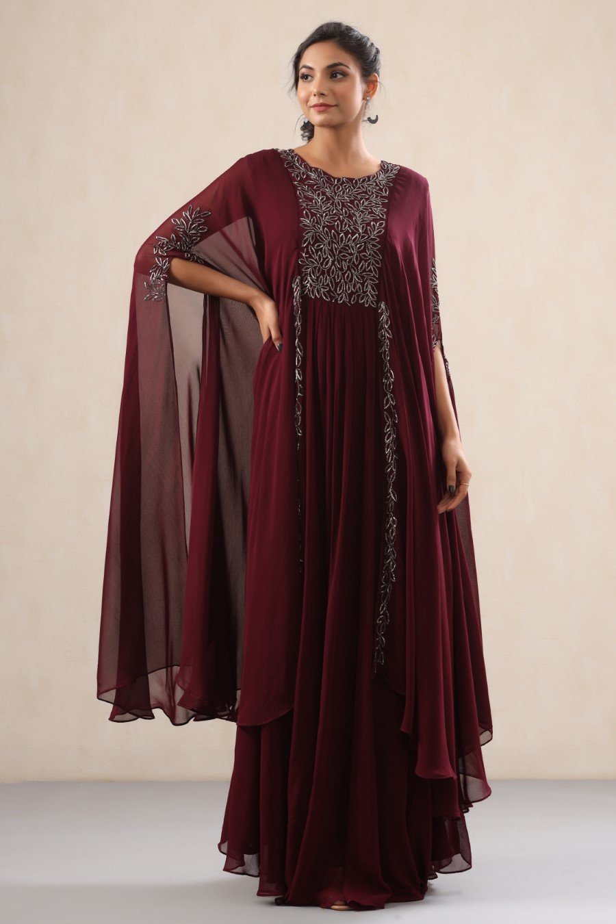 Wine Georgette Embellished Layered Gown