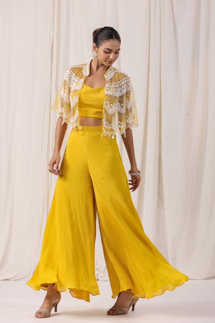 Yellow Embellished Cape with Crop Top & Palazzo