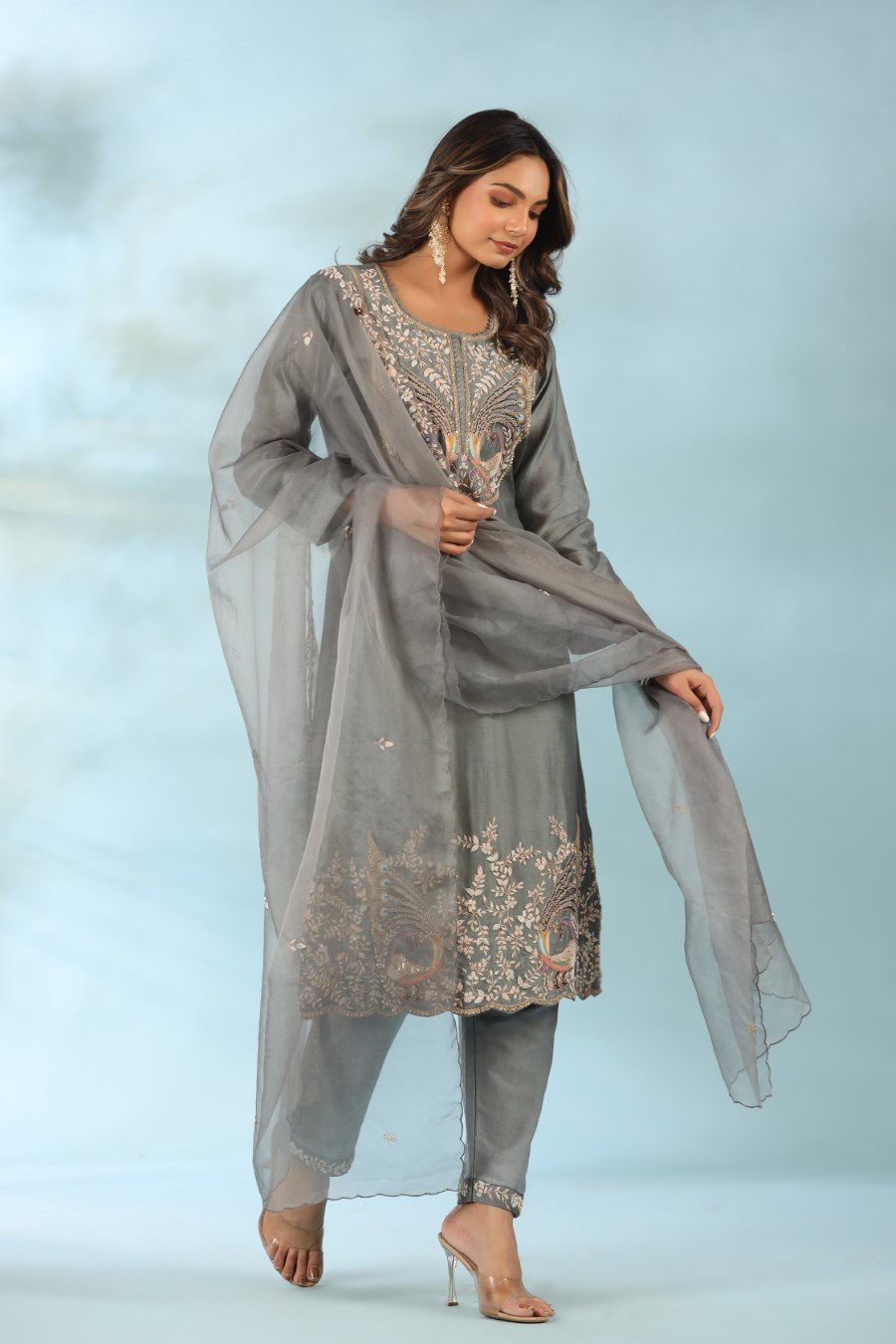 Grey Organza Silk Embroidered Kurta Set