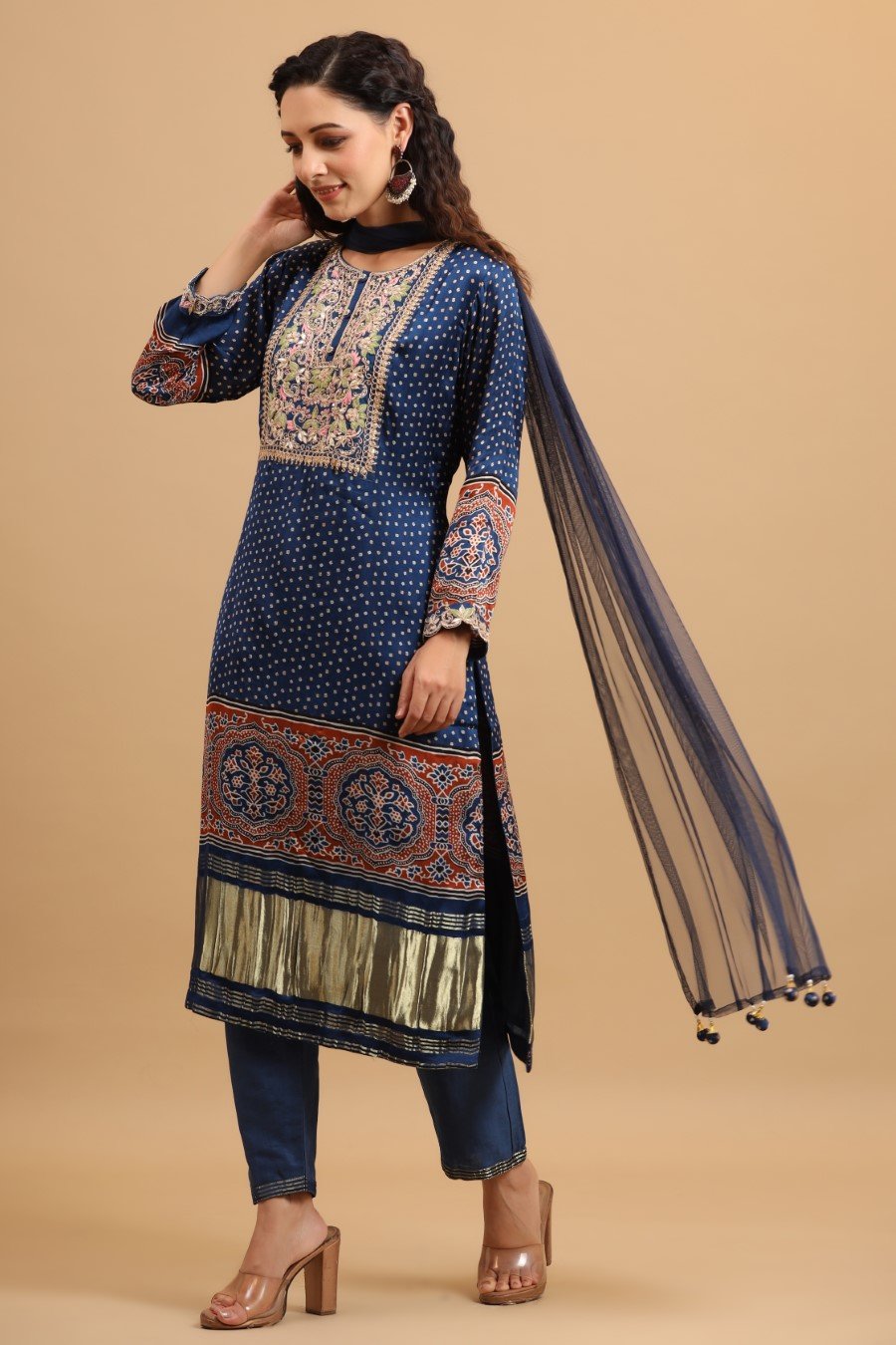 Royal Blue Bandhani &amp; Ajrakh Printed Kurta Set