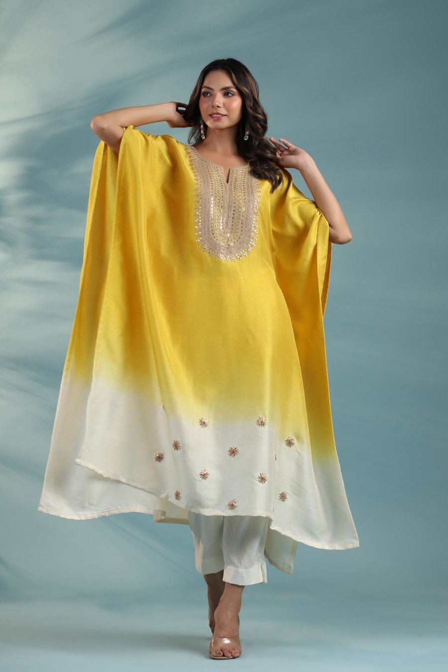 Yellow Ombre Embroidered Kaftan With Pants