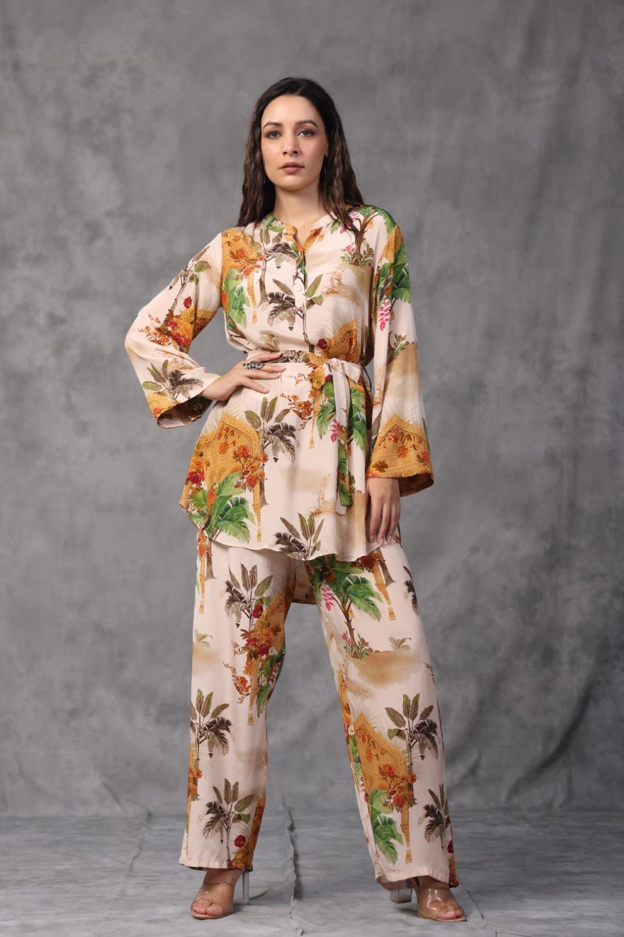 Cream Tropical Printed Moorish Crepe Co-ord Set