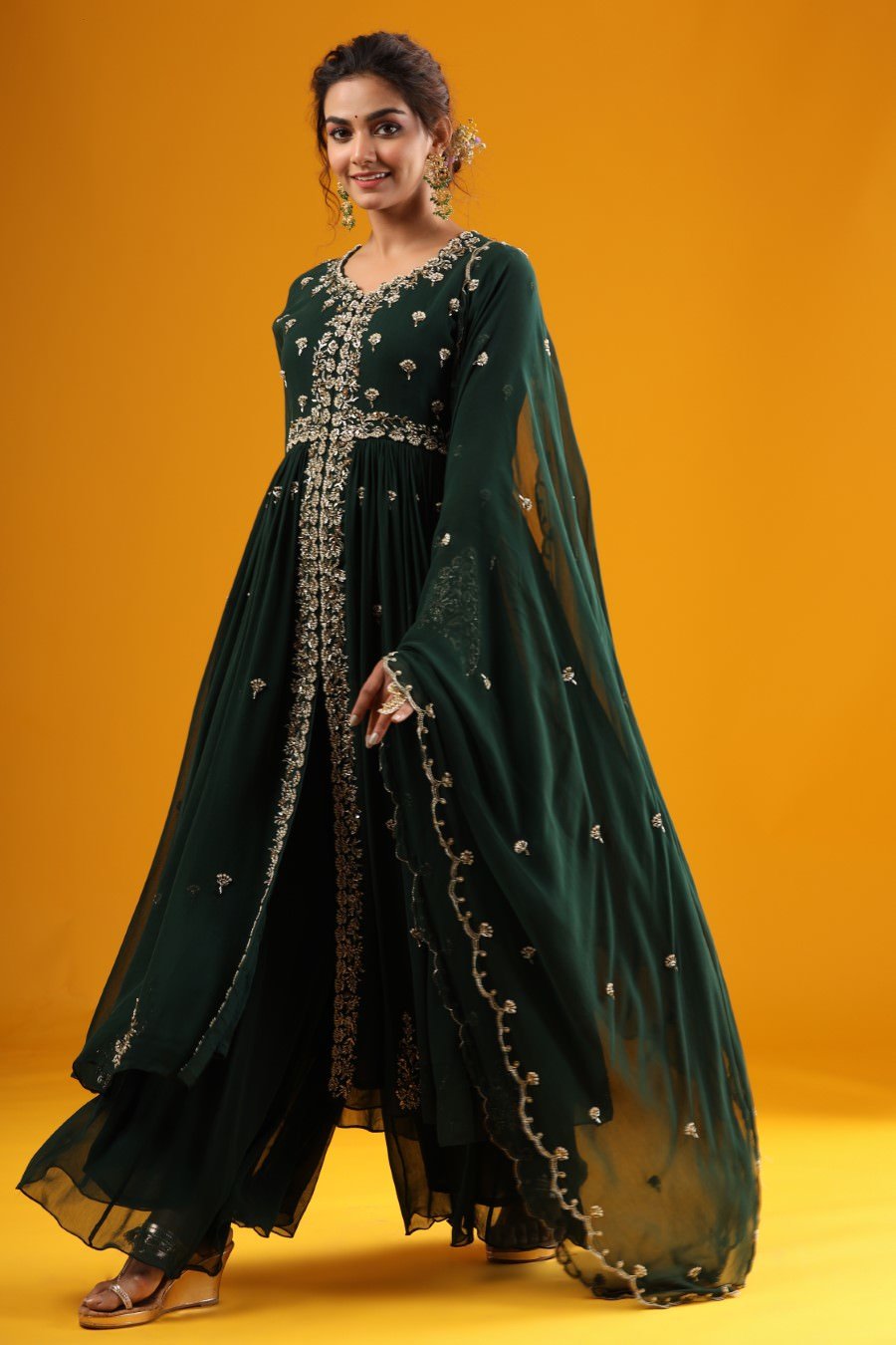 Emerald Green Hand Embroidered Kurta &amp; Palazzo With Dupatta