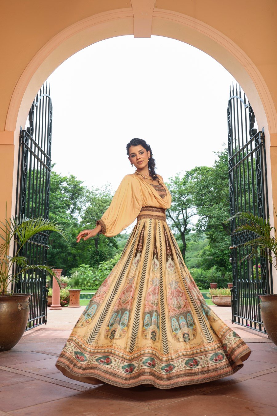 Pastel Orange Ethnic Printed Skirt Top