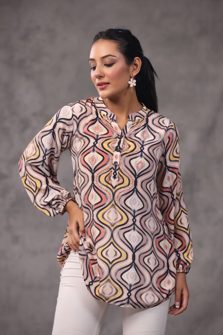 Peach Ogee Digital Printed Modal Satin Top