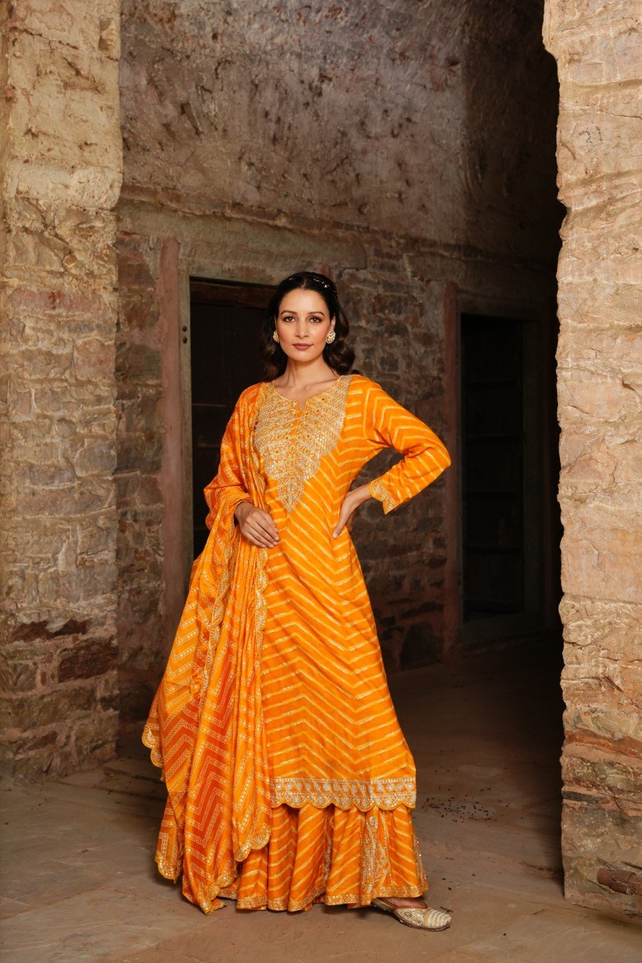 Amber Yellow Leheriya Embroidered Sharara Set